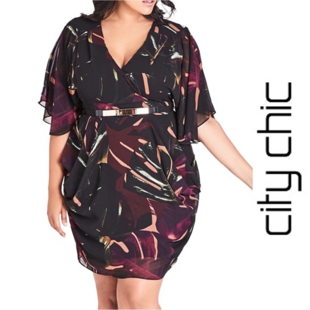 City Chic Black Brown Love Affair Drape Dress‎ Plus Size XL/22 Belted Gold